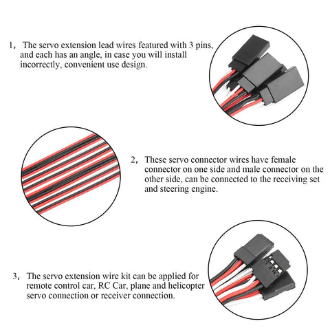 30 Piece Male To Female 3 Pin Servo Extension Cable Set With 22 AWG Copper Wires shown in close-up with connectors highlighted
