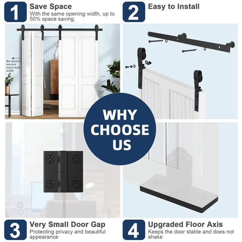 Image of Beefed Up Bi Folding Sliding Barn Door Hardware Kit For Four Doors with installation features and benefits.