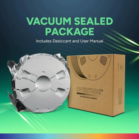 Vacuum-sealed package of Flexible TPU Filament 1.75mm 95A Black 1kg Spool Fits Most FDM Printers with box and desiccant