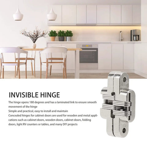 Invisible Hinge with 180-degree swing shown in a modern kitchen for cabinets, described as part of a Hidden Concealed Hinge Set For Cabinets And Doors 4 Pack Zinc Alloy Cross Hidden Hinges With 180 Degree Swing Invisible Hinge For Wooden Doors Cabinets Folding Doors And DIY Projects.