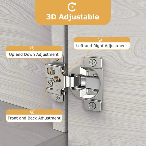 Fifty Piece One Half Inch Overlay Soft Close Concealed Cabinet Hinge Set with 3D adjustable features and 105 degree opening installed.