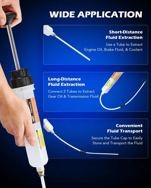 Hand holding 200mL Manual Fluid Extractor And Filler Syringe Style Pump for Automotive Fluids with detachable hoses