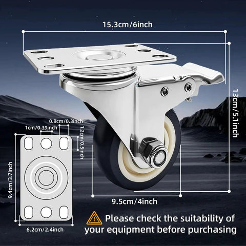 4 Inch Caster Wheels Set Of 4 Rust Proof 304 Stainless Steel Heavy Duty Casters For Furniture Labs Hospitals Restaurants Industrial Outdoor Anti Corrosion Industrial Castors With 360 Degree Swivel And 2100 Lbs Load Capacity, side view with dimensions