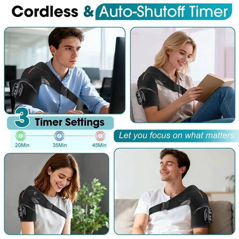 Collage of people using Cordless Shoulder Heating Pad With Massage For Frozen Shoulder And Rotator Cuff Pain Relief, showcasing auto-shutoff timer.
