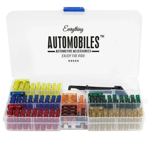 Case of 120 Assorted ATC Fuses With 10 Inline Fuse Holders And Fuse Puller Tool; organized automotive fuse kit, open view.