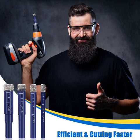 Man holding drill with Pro Grade Nine Piece Dry Diamond Drill Bit Set For Ultra Fast Dry Drilling displayed and size labels