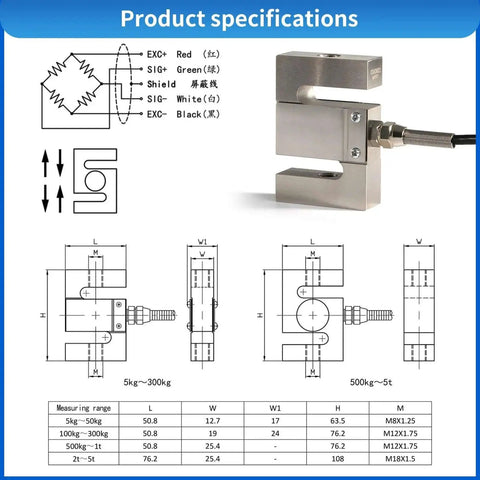 Pro Grade High Precision Load Cell With Indicator For Tension And Compression Weight Sensing On Scales, 0 To 1000Kg Range. Product specifications diagram and load cell design details visible.