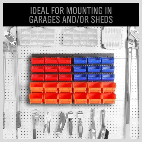 Wall Mounted Storage Bin Rack Kit 30 Piece Parts Organizer For Garage And Shop Durable Plastic With Color Coded Red Blue Orange Bins Removable Slat Wall Mount Heavy Duty Tool Storage Gift