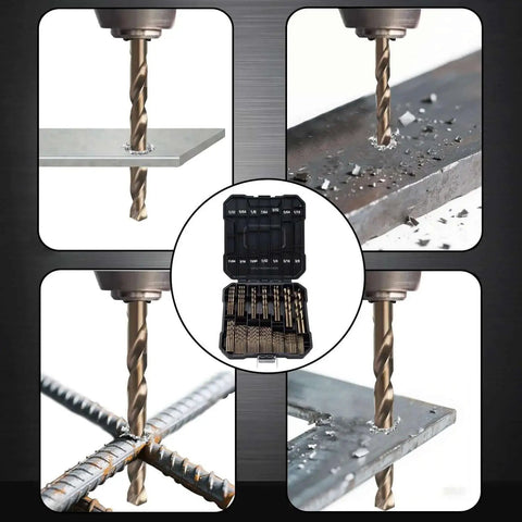 Heavy Duty Pro Grade Cobalt Drill Bit Set For Hardened Metal And Stainless Steel With 99 Pc M35 High Speed Steel Twist Jobber Bits One Sixteenth Inch To Three Eighths Inch In A Durable Plastic Index Case By Sinyeenglon, showing usage on various metals.