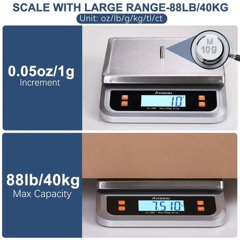 Beefy 88lb Heavy Duty Commercial Food Scale For Kitchen And Bakery, Stainless Steel Platform, Full View LCD Display, 1G Increments