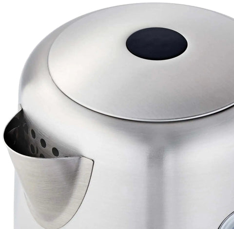 Top view of Fast Boil Electric Kettle For Tea And Coffee, Stainless Steel BPA Free, 1 Liter Capacity, 1500W, black and silver design.