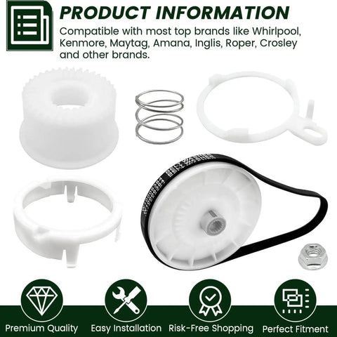 Front view of washer pulley clutch kit with drive belt, springs, and white plastic components.