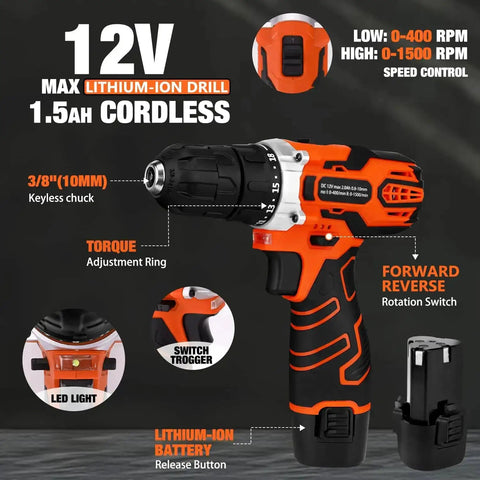 Close-up of 12V cordless drill from 255 Piece Tool Set With 12V Cordless Drill Driver Drawer Style Toolbox Case All In One Home Repair Kit