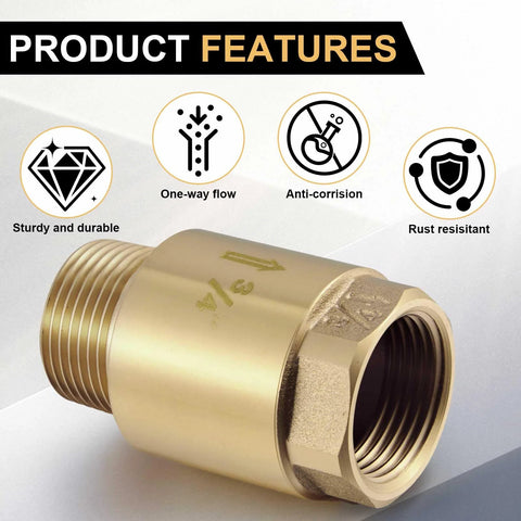 Brass inline check valve, 3/4 inch, NPT male inlet to FNPT outlet, two-pack for irrigation and garden use