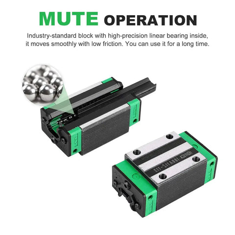 Two HGR20 200mm Linear Guide Rails With Four HGH20CA Carriage Blocks featuring mute chrome plated bearings.