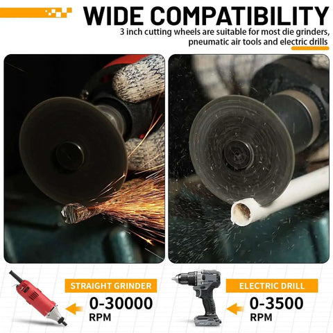 Wide compatibility of Five Piece Three Inch Cut Off Wheel Set With Quarter Inch Shaft Mandrel for grinders and rotary tools