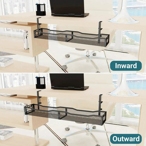 Under Desk Cable Management Tray With Clamp No Drill Installation 25.3 Inch Large Capacity Metal Cord Organizer in use