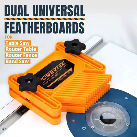 Pro Grade Universal Tandem Featherboards For Table Saw Router Table And Band Saw By POWERTEC with T Slot Bolts shown on a router table