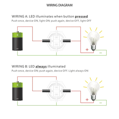 Wiring diagram for LED Latching Push Button Switch 16mm Stainless Steel IP67 Waterproof 5-24V 20A 1NO with Wire Socket Plug Blue