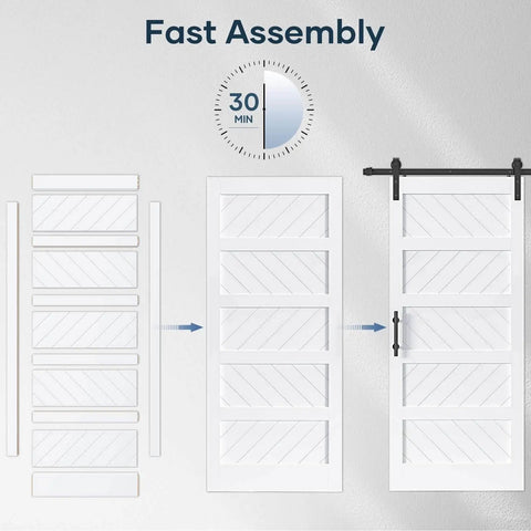 Image showing assembly steps of White Five Panel Barn Door With 7 Foot Track Kit Included 42 By 84 Inch Solid MDF Wood Slab Covered With Waterproof Scratch Resistant PVC Surface DIY Assembly And Easy Install.