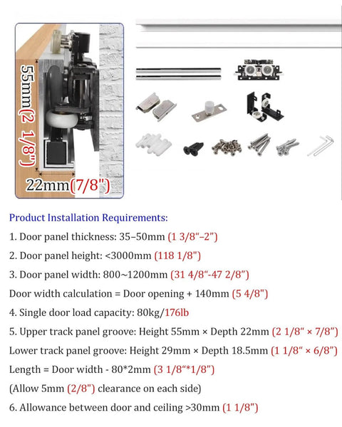 Concealed Track Sliding Door Hardware Kit for 2 to 6 Foot Doors, includes rails, brackets, screws, for smooth glide and dust-free installation.