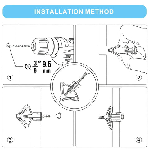 Step-by-step installation guide for hollow wall anchors and screws kit with 50 butterfly expansion plugs and 50 screws.