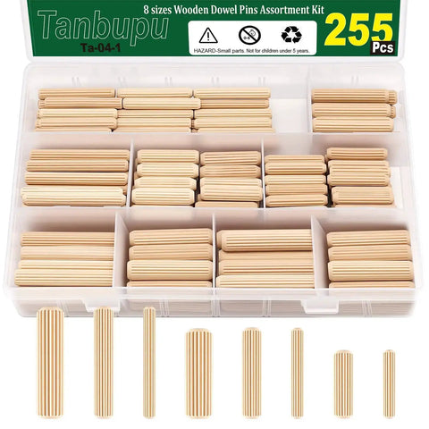 255 Piece Wood Dowel Set With One Quarter, Five Sixteenths, And Three Eighths Inch Fluted Dowels in storage case