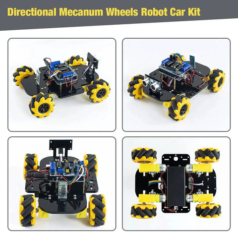 4WD Mecanum Robot Car Kit for DIY Projects with Arduino IDE Compatibility and App Control Ultrasonic Sensing Enables Forward Backward Sideways And Diagonal Movement Perfect Starter Kit For Makers And Students Who Dig Smart Mobile Control, top and side views with directional wheels displayed