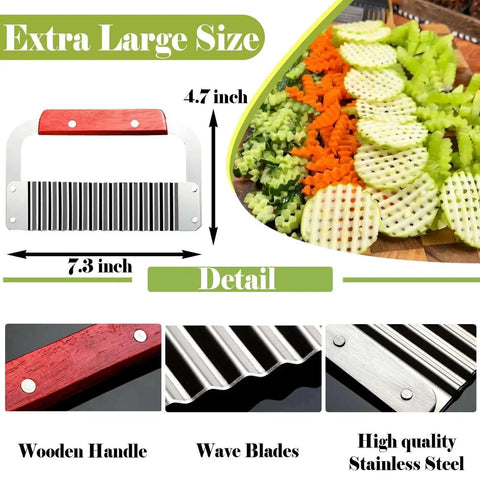 Crinkle Cutter For Restaurant Style Fries And Wavy Chips At Home With An Extra Large 7.3 Inch Stainless Steel Blade And Wooden Handle