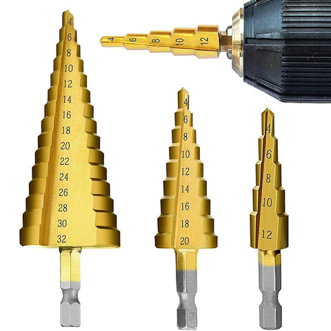 3 Piece Straight Grooved Step Drill Bit Set With Hex Shank HSS Titanium Coated Drill Bits For Metal Wood Plastic Sizes 4 To 12mm visible