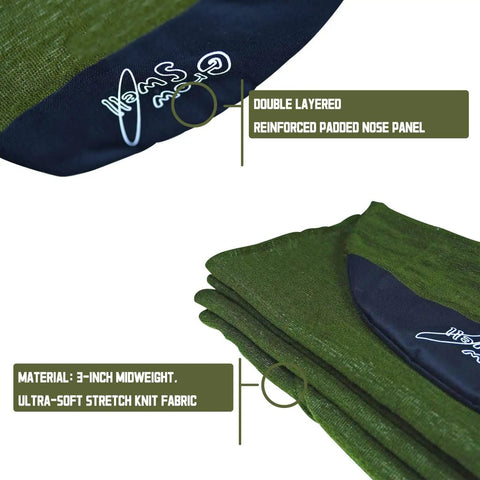 Close-up of Treetop Green fabric sock for nine foot six longboard with rounded nose, showing reinforced padded nose and midweight knit material.