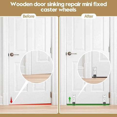 Before and after installation of 4 Pack Bedroom Door Sinking Repair Caster Wheels 0.9 Inch Multifunctional Low Profile Casters.