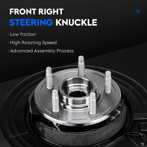 Front right steering knuckle and wheel hub assembly with specifications listed, focus on low friction and high rotating speed.