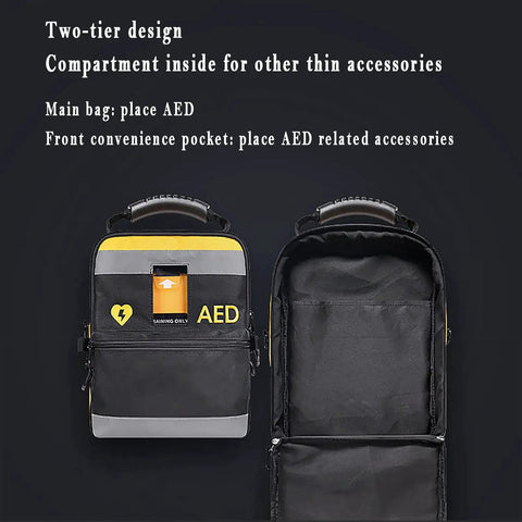 Durable AED Defibrillator Pouch for AED120MC with two-tier design, reflective strips, and clear window, shown open and closed.