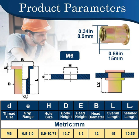 Technical diagram showcasing dimensions for 115Pcs M6 Rivet Nuts Kit With Zinc Plated Carbon Steel Flat Head Nutserts