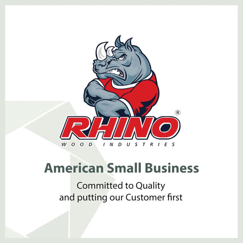 Logo of Rhino Wood Industries, featuring a stylized rhino above company name and American Small Business commitment statement.