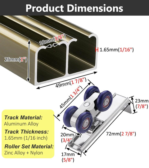Premium Aluminum Sliding Barn Door Hardware Kit With Pocket Track And Rollers, Double Door Bypass System dimensions overview