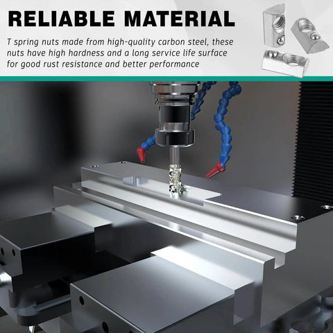 100 Pcs M5 Spring T Nuts For Aluminum Extrusion European Standard, shown in use in a machining setup with aluminum profiles.