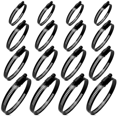 Hose clamps set, 16 pcs in 4 sizes, black stainless steel worm-gear clamps (9/16–4 in, 14–102 mm)