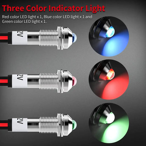 Tri Color 12V LED Indicator Light Kit Waterproof Metal Lamp With Wire Leads Red Blue Green 8mm And 5 16 Inch Mount Holes