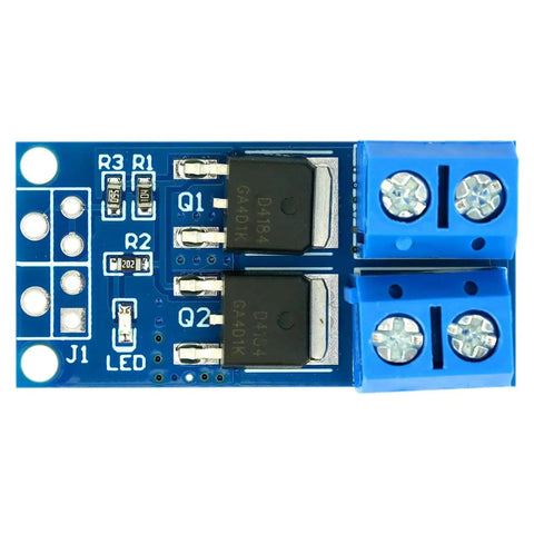 Close-up of Six Pack MOSFET Switch Drive Modules PWM Control Kit for motors LEDs and light bulbs, showing blue circuit board details.