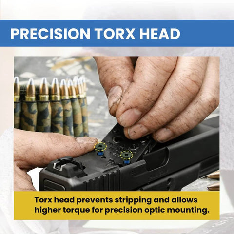 Person using T10 Torx driver to install Red Dot Screw Kit Set With 36 Pieces on handgun for RMR optics. Precision torx head visible.