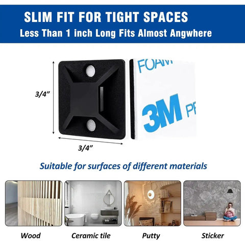 Heavy Duty Self Adhesive Cable Zip Tie Mount Kit with Fifty Sets of Three Quarter Inch Mounts shown with 3M adhesive backing suitable for wood, ceramic tile, putty, and sticker surfaces.