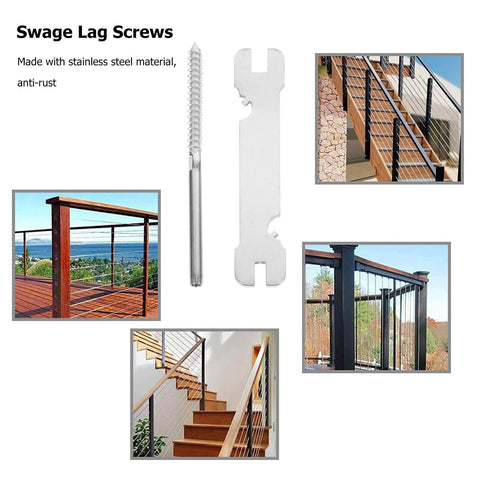 Image showing Beefy Stainless Steel Threaded Lag Screws With Spanner For Left And Right Heavy Duty Cable Deck Railing Screws For Outdoor Wood Railings And Rope Wire Tensioning with spanner and installed railings.