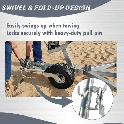 Swivel Trailer Tongue Jack 2000Lb Capacity Bolt-On Foldable with 13.38in Wheel installed on trailer tongue on sand.