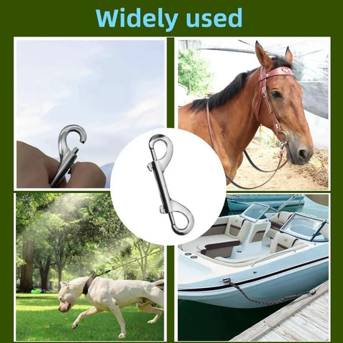 Double Ended Snaps 2.75 Inch Zinc Alloy Carabiner Hooks For Pet Leash Key Holder shown in various uses with animals and boating.