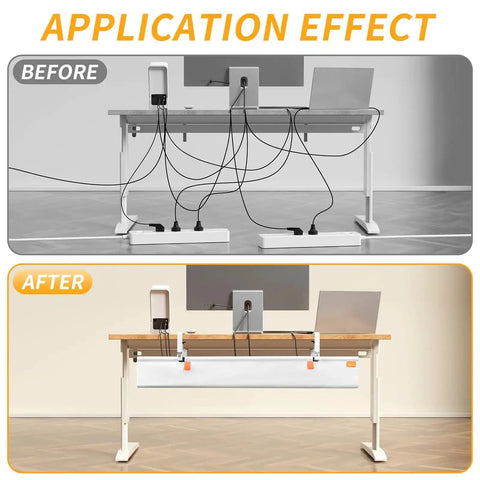 Before and after of under desk cable management tray with clamp no drill 36 inch cord organizer for desk and standing desks fabric cable tray