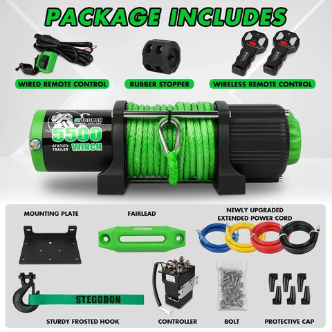 STEGODON 5500 winch with green synthetic rope; 12V ATV/UTV kit with wired and wireless remotes, mounting plate.