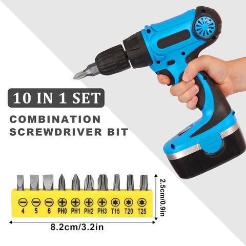 Hand holding a blue and black drill with a 10-piece combination screwdriver bit set displayed on the side.