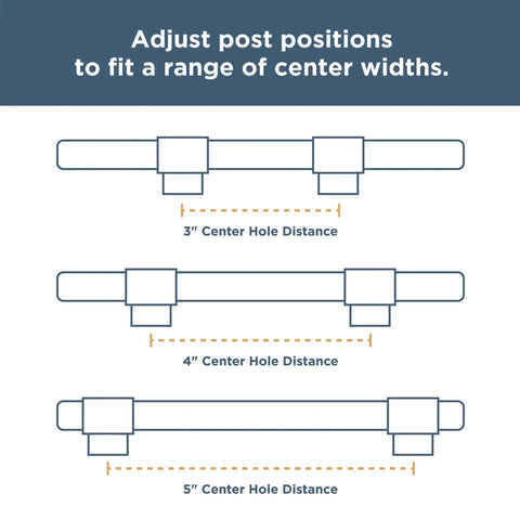Diagram showing adjustable hole centers for Matte Black Cabinet Handles 5 Pack Adjustable Drawer Pulls For Kitchen Cabinets Dressers And Cupboards Fits 1 3/8 To 4 Inch Hole Centers With Adjusta-Pull By Franklin Brass.